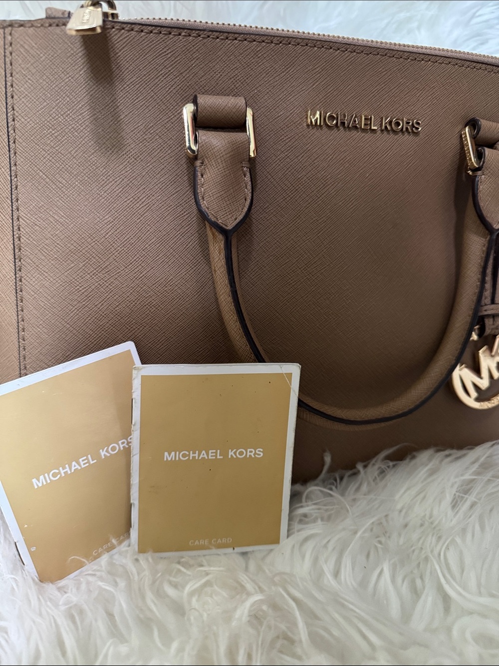 MICHAEL KORS Taupe Saffiano Leather Satchel with Gold Hardware - Picture 3 of 10